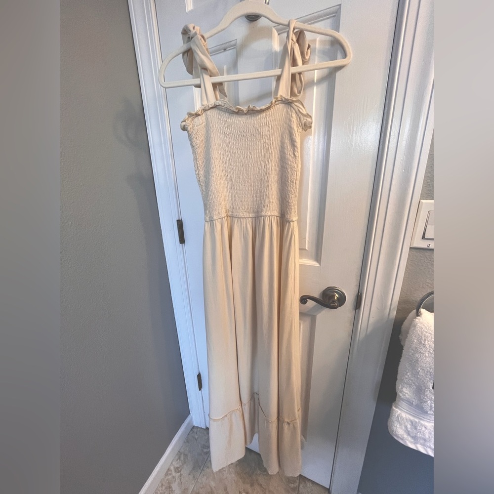 White cream smocked maxi dress with tie straps